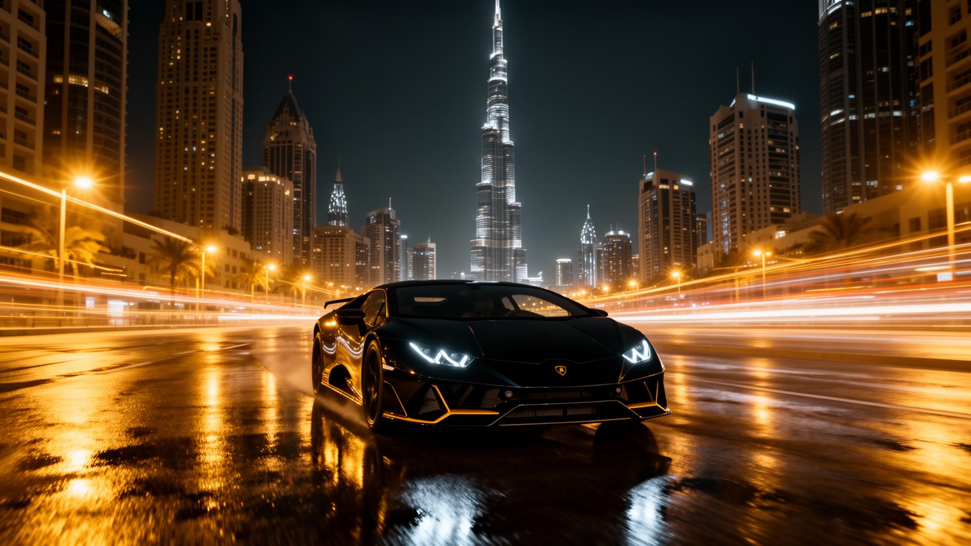 Luxury supercar gliding through Dubai at night